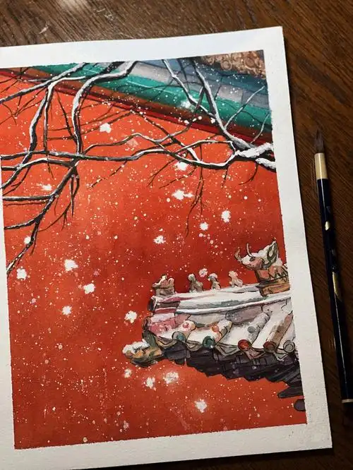 钢笔淡彩故宫红墙