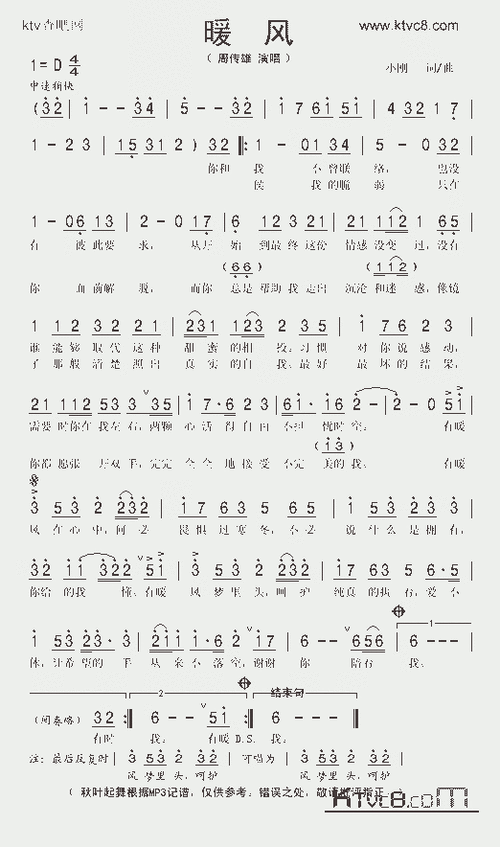 暖风_歌谱简谱_哆来咪123曲谱网