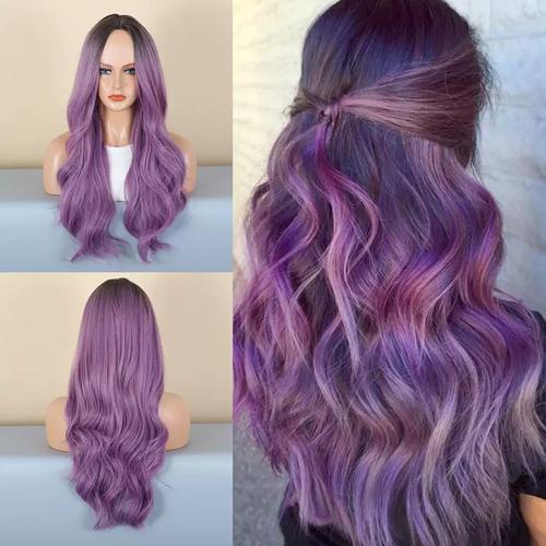 欧美假发女新款自然中分长款发紫色混色大波浪女士高温丝wigs头套