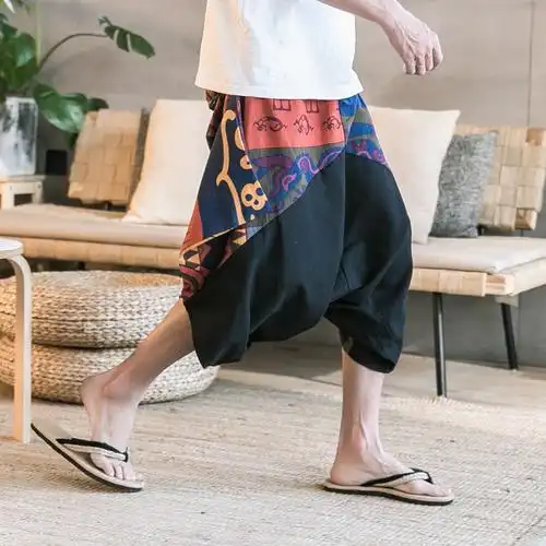 中国风男装泰国大象五分裤棉麻裤子沙滩裤吊裆裤男c229/dk80/p50