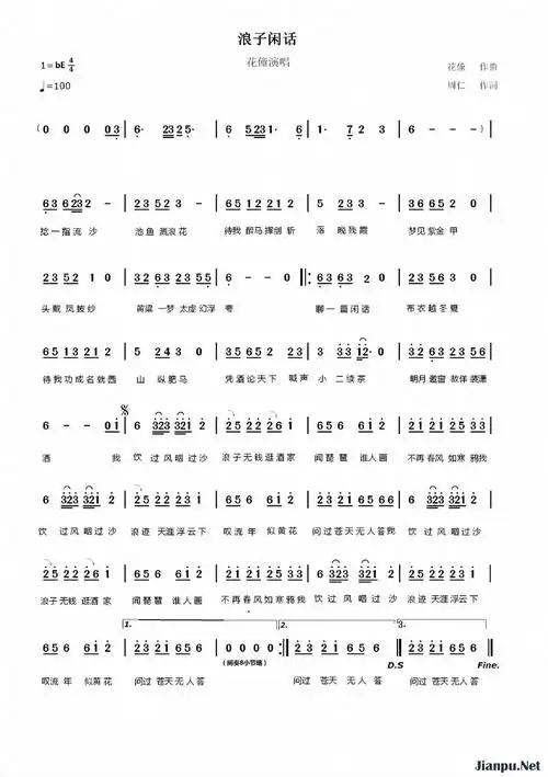 歌曲浪子闲话的简谱歌谱下载