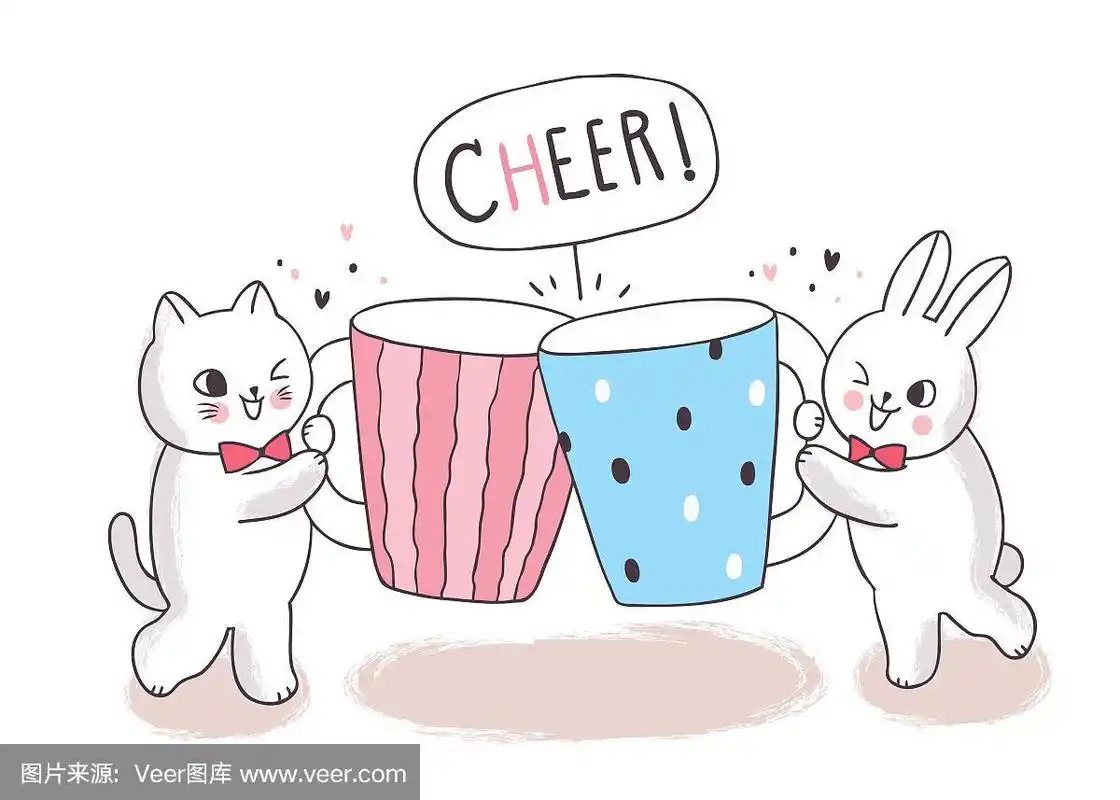 卡通可爱的猫和兔子和杯子咖啡向量.