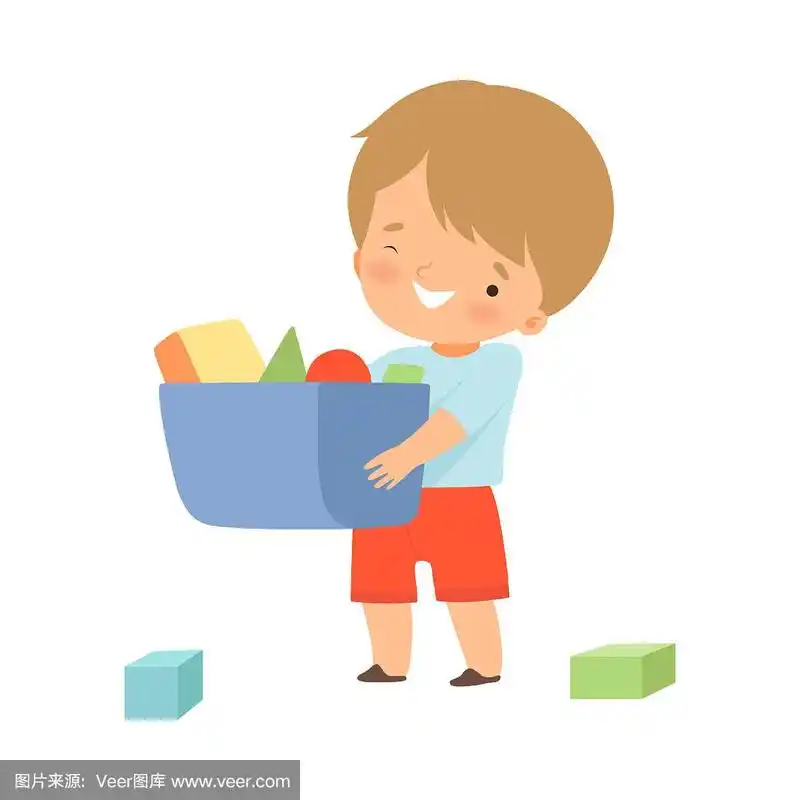 小男孩收集他的玩具和整理他的房间矢量插图