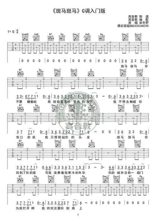 《斑马斑马》g调入门版吉他谱宋冬野-高音教版