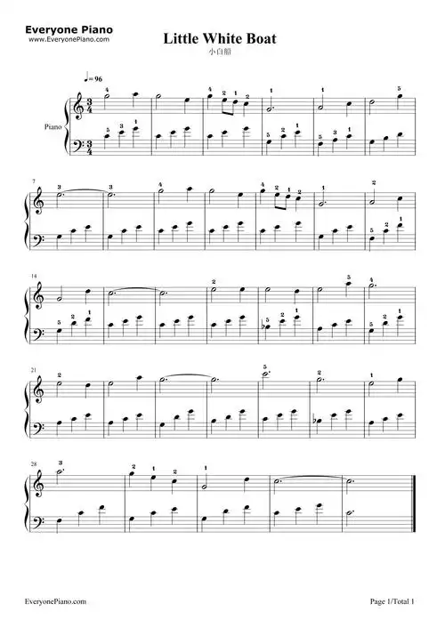 小白船五线谱预览1-钢琴谱文件(五线谱,双手简谱,数字谱,midi,pdf)