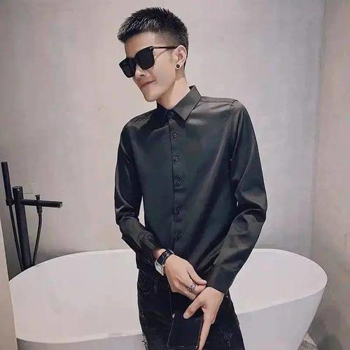 社会精神小伙修身纯色衬衫快手红人同款发型师男生衬衣上衣服男装