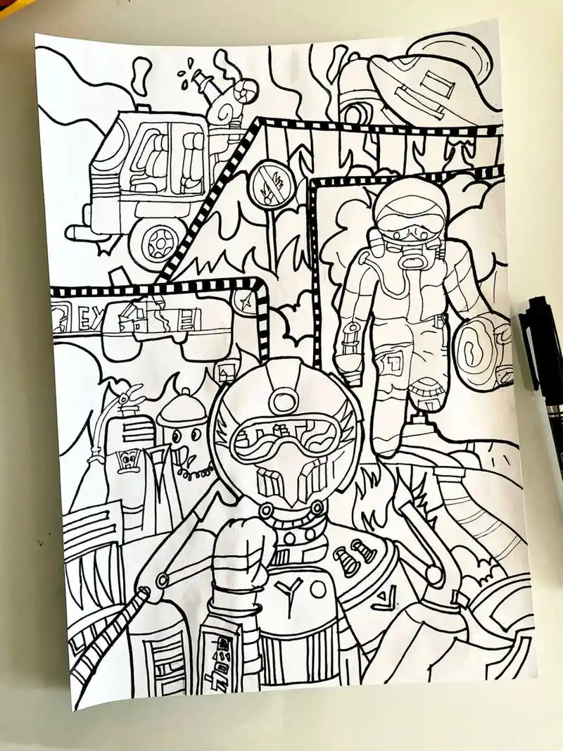 消防主题绘画 | 礼赞消防 纸张:a4纸 火灾时,你顶着烈火冲进滚滚浓烟