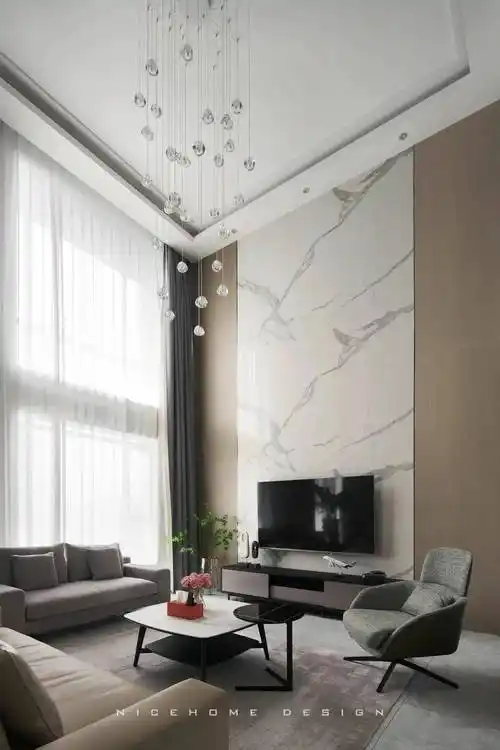 别墅中空客厅背景墙怎么设计99的人选择大理石