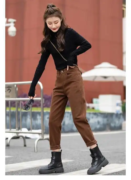 秋冬毛尼昵打底靴裤子配的裤子配的裤子女2021新款秋冬咖啡色休闲萝卜