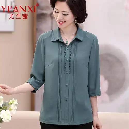 妈妈夏装七分袖雪纺衬衫2018新款50中老年女装女春夏宽松长袖上衣