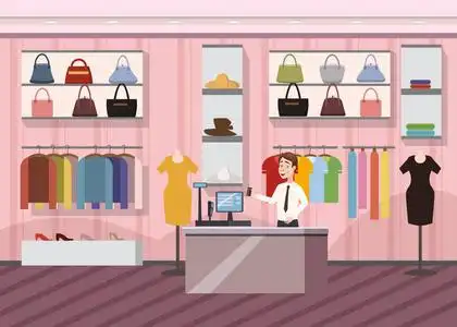 时装店超级市场女装购物商场内横幅与复制空间卡通矢量插画照片