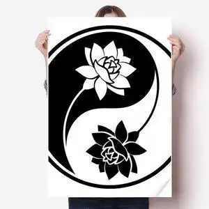 吉祥吉利黑白莲花圆形海报贴纸80x55cm墙贴纸卧室家居装饰