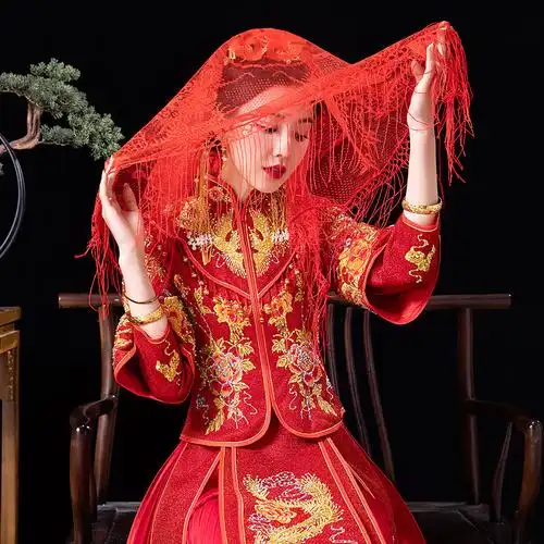 红盖头新娘红色头纱中式秀禾汉服古风2021新款半透明蕾丝结婚红纱