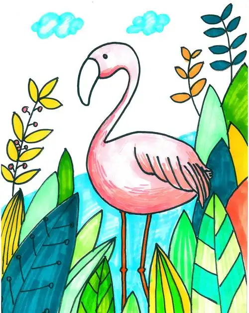 彩色火烈鸟简笔画成品图欣赏