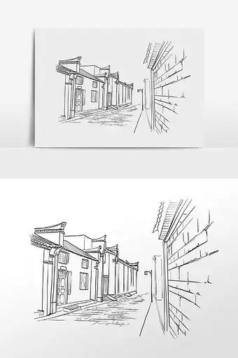 线描老街古镇街道建筑