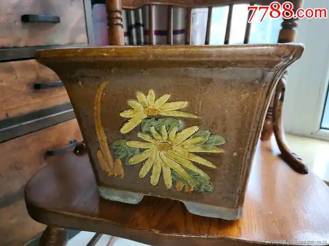 宜兴紫砂手工堆花紫砂挂釉梅兰竹菊方形大花盆古董老物件紫砂老花盆