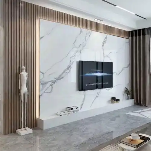 客厅岩板悬空电视背景墙高档装饰婚房影视墙实木格栅配实木柜格栅轻奢