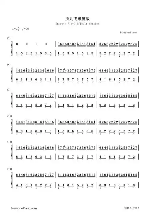 虫儿飞-难度版-风云雄霸天下插曲双手简谱预览1