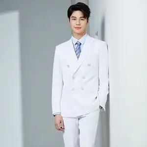 白色男士新郎西服两件套播音艺考修身西装主持宴会婚礼年会礼服