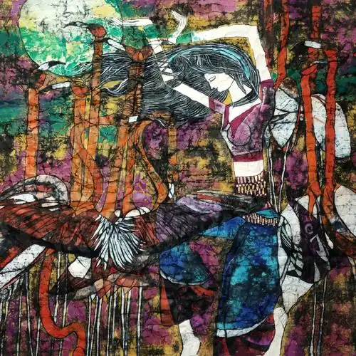 第一次尝试0015:高丽纸,丙烯颜料,水粉刷,墨汁#重彩画