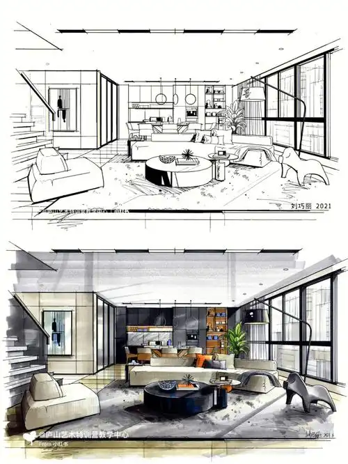 客厅空间手绘效果图线稿77马克笔上色