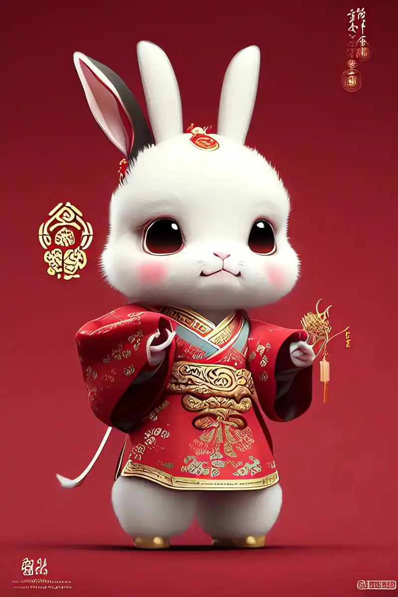 中国红色民族样式汉服的小白兔