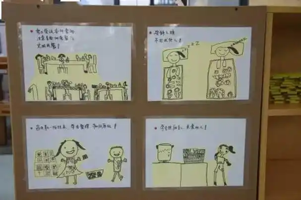 因此,把班级规则,小小管理员,一日流程图张贴在材料柜的柜面,合理利用