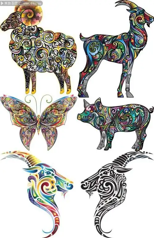 彩色动物纹身刺青图案矢量素材