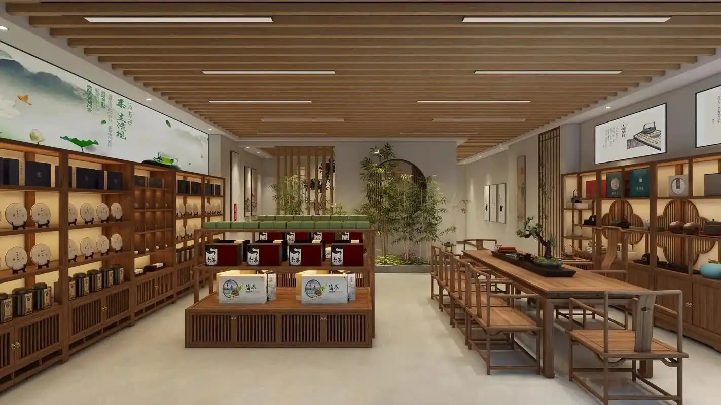 坐标:安徽六安金寨县整个茶叶店采用无主灯设计吊顶选用实木 - 抖音