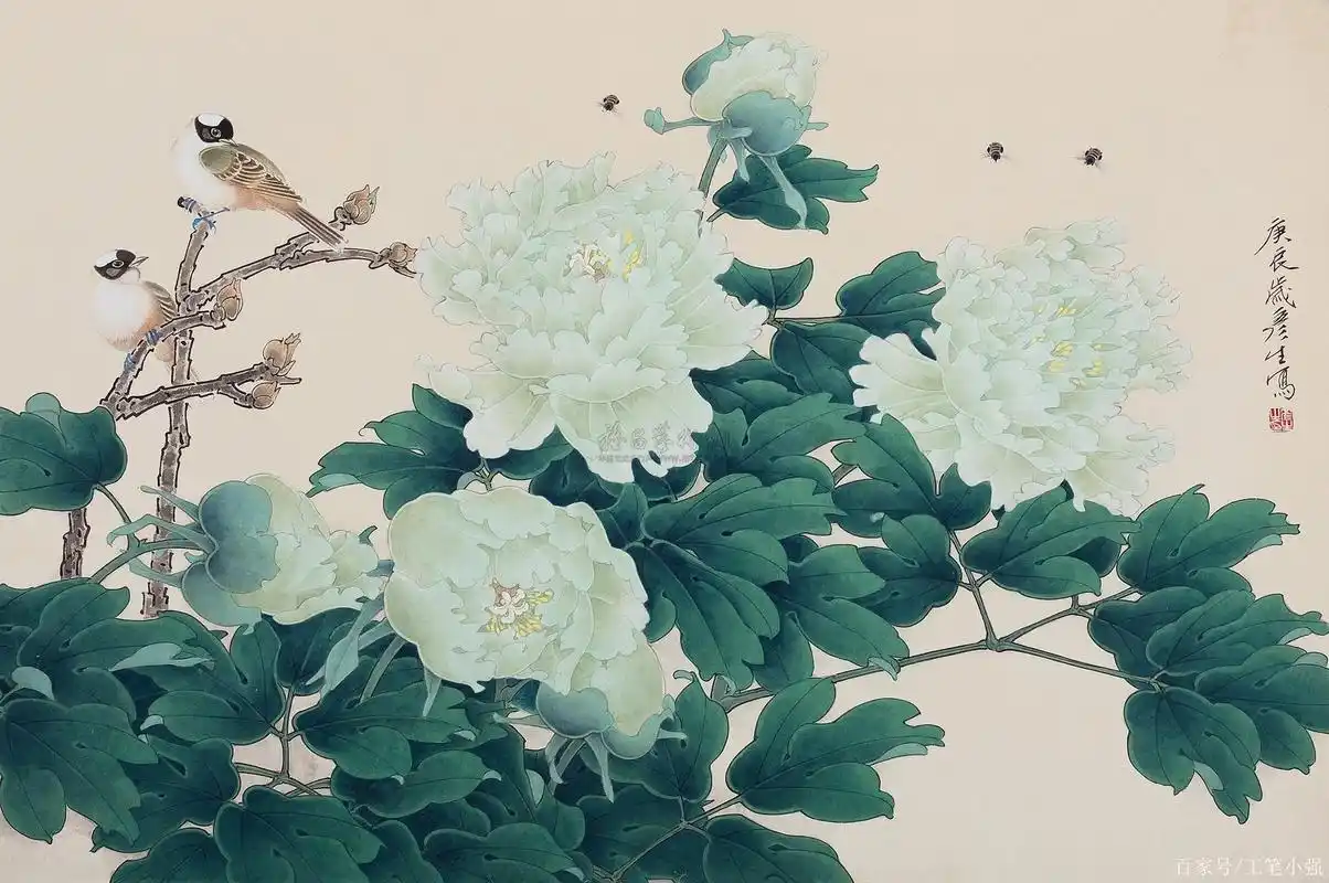 清秀明丽,富贵高雅而气势宏伟.周彦生工笔花鸟画作品