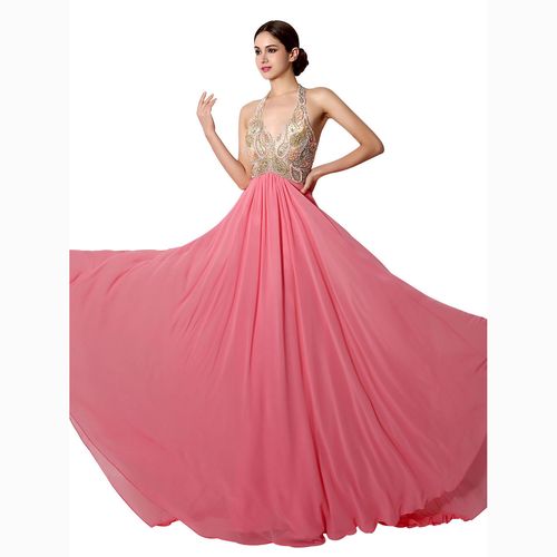 莎啦新娘2021新款挂脖 露背 礼服舞会雪纺钉珠礼服伴娘服订婚