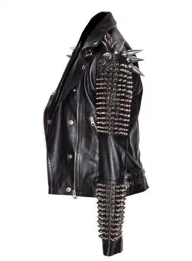 海外代购studded手作朋克风格男士银色铆钉尖刺皮衣