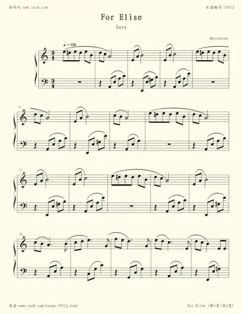 钢琴谱:献给爱丽丝(钢琴简易版)