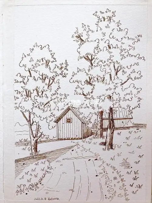 钢笔淡彩树是秋天的颜色