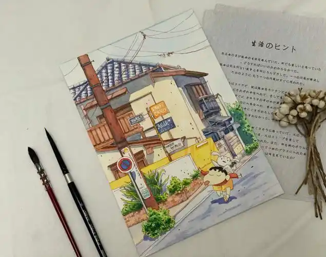 治愈系日系街景钢笔淡彩过程图