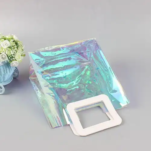 pvc镭射袋手拎手挽袋 网红透明手提袋塑料礼品包装幻彩镭射果冻包