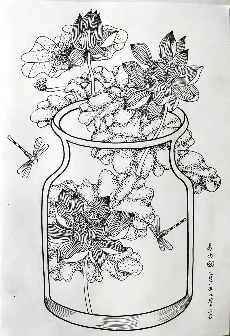 线描画荷花.#一起学画画 #画画 #绘画 #线描画 #手绘 - 抖音