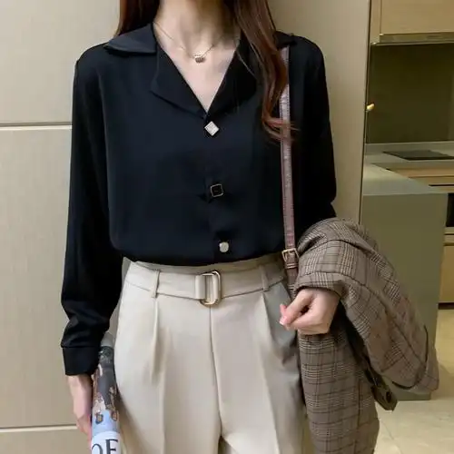 黑衬衫女设计感小众2022春夏新款长袖韩版宽松职业西装领雪纺衬衣