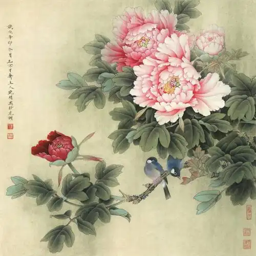 [国画高清大图]0033_李晓明牡丹工笔画高清图专辑jpg-牡丹灰文鸟_7795