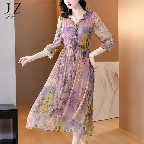 新款真丝碎花连衣裙修身v领雪纺显瘦中长裙时尚气质女装玖姿夏装