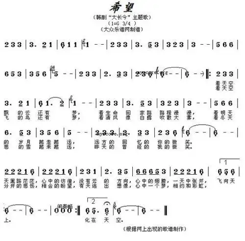 葫芦丝曲谱《希望》