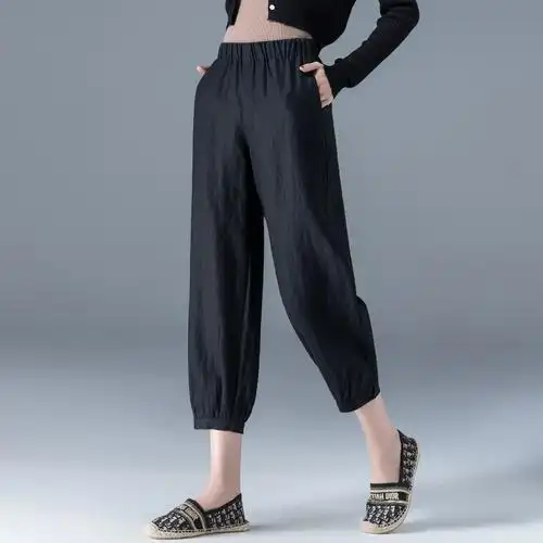 全棉灯笼裤女宽松大码阔腿束脚老爹裤2024春夏薄休闲九分萝卜裤潮