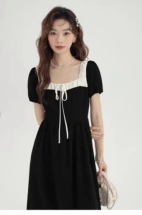 法式大码连衣裙胖mm夏装新款气质高级感收腰显瘦方领茶歇裙子 - 17网