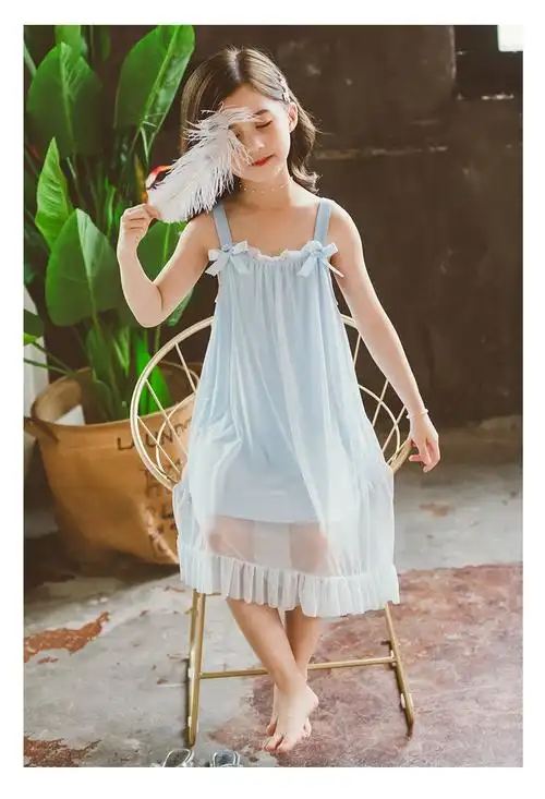 女童公主吊带睡裙夏季儿童睡衣莫代尔小仙女宝宝睡衣裙服夏天拼接吊带