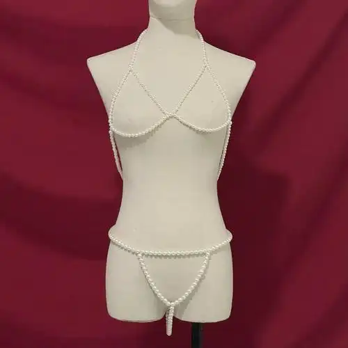 跨境珍珠情趣套装内衣性感三点式线珠挂脖胸衣热辣串珠丁字裤手工