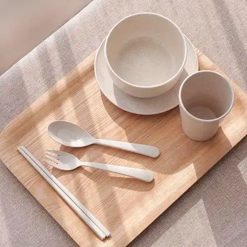 可降解小麦秸秆餐具套装 多功能泡面碗漱口杯菜盘勺叉筷六件套 - 三年