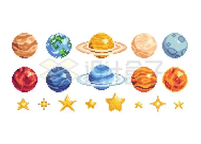 像素风格的星球和五角星9700554矢量图片免抠素材 科学地理-第1张