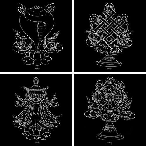 唐卡描金吉祥八宝白描线稿八吉祥涂色自己diydiy