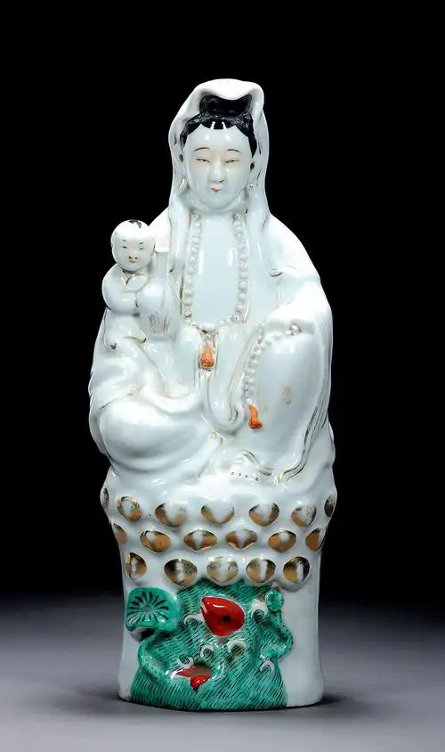民国 白釉描金抱子观音