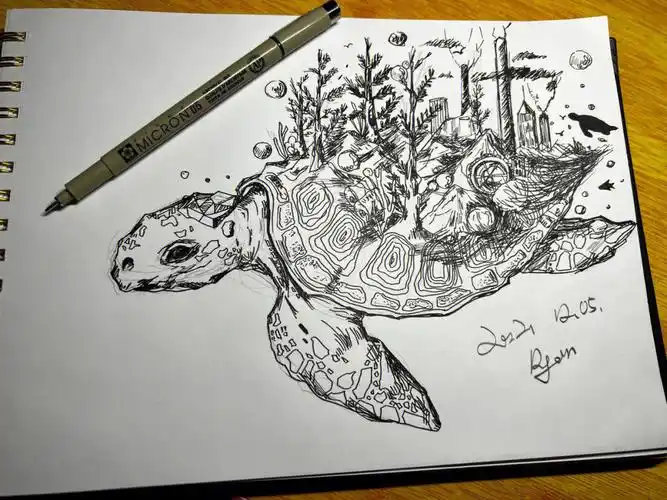 临摹被海洋污染吞噬的海龟